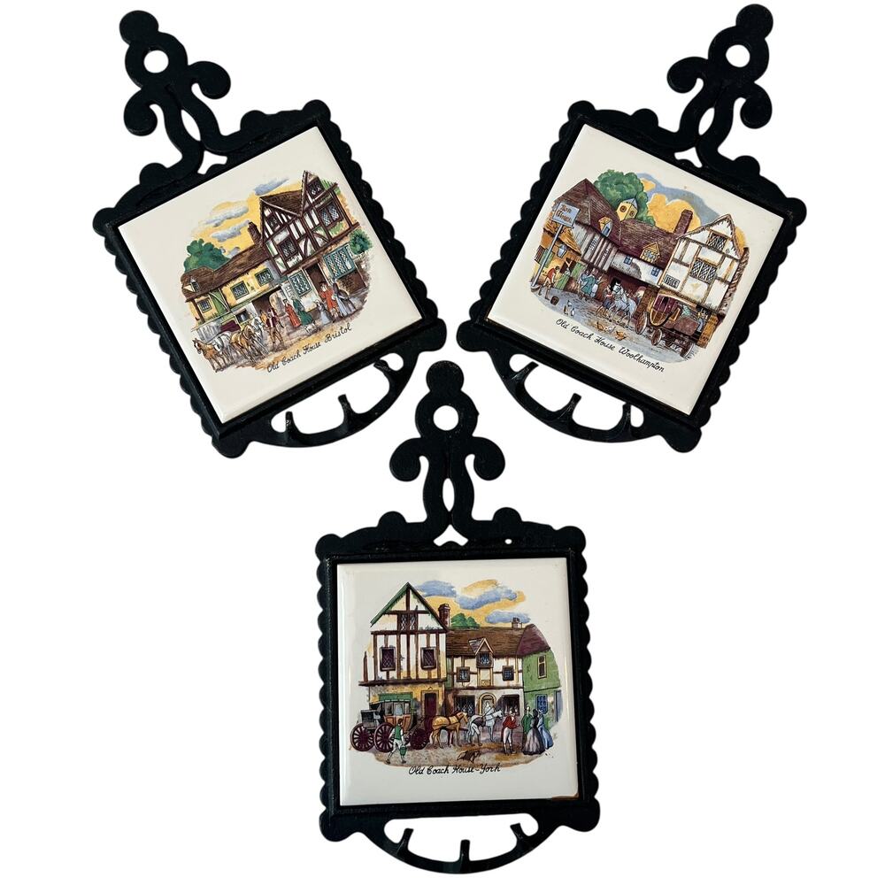 Set of 3 Vintage Ceramic Tiles Cast Iron Framed Wall Plaques Historic English
